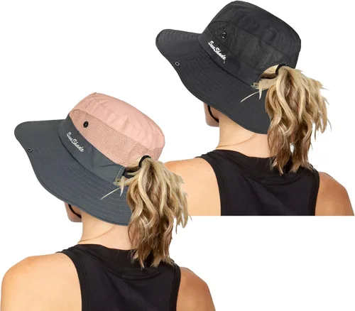 Vista 55 de Sombrero de pesca de playa de ala ancha para mujer, con protección UV, plegable, con agujero para cola de caballo