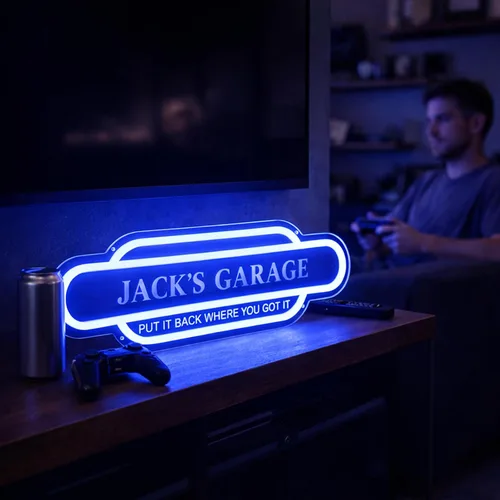 Vista 6 de Letrero de neón de garaje azul personalizado con calcomanías, letrero de luz LED de acrílico personalizado hecho a mano, letrero de neón LED