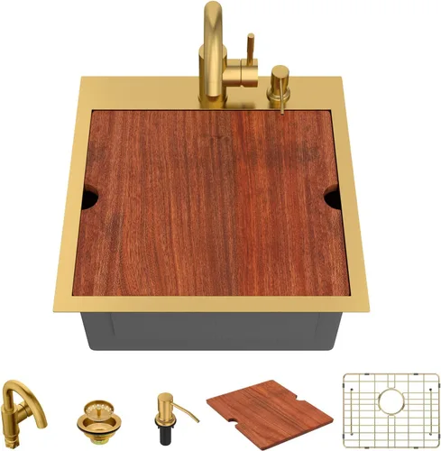 Vista 15 de Lordear - Fregadero de barra – Fregadero de barra dorado de 13 x 15 pulgadas con grifo dispensador de jabón, estación de trabajo, calibre 16 T304