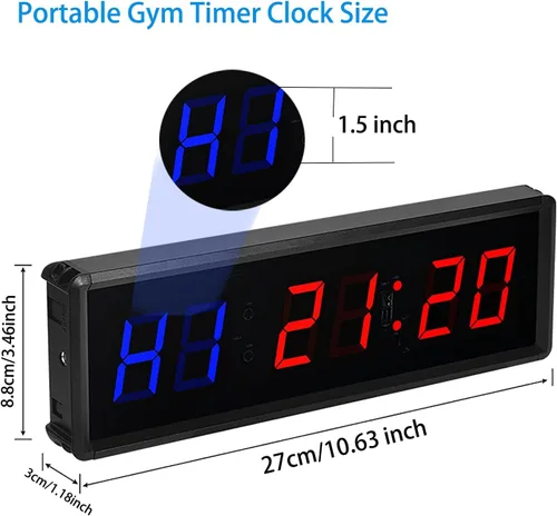 Vista 3 de Reloj de gimnasio con control remoto, temporizador LED de metal de 1.5 pulgadas y 1.8 pulgadas, cronómetro de entrenamiento Crossfit, cuenta