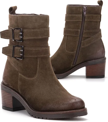 Vista 2 de Vintage Foundry Co Womens Charmaine Handmade Burnished Rugged Classy Elegant Ankle Chelsea Boots w Adjustable Buckled Bands Side Zip Chunky Heels