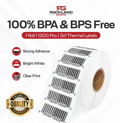 Vista 2 de Rockland Guard Etiquetas térmicas directas de 3 x 1 pulgada (1,300/rollo) - Etiquetas de código de barras FNSKU de Logística de Amazon, etiquetas