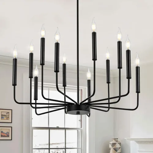 Vista 13 de WOKNOS Candelabros modernos negros de granja, 8 luces industriales de metal, lámparas colgantes clásicas para cocina, dormitorio, comedor, sala