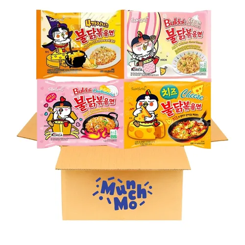 Vista 2 de Samyang Buldak - Fideos de pollo caliente, paquete variado de 4 sabores con palillos MunchMo