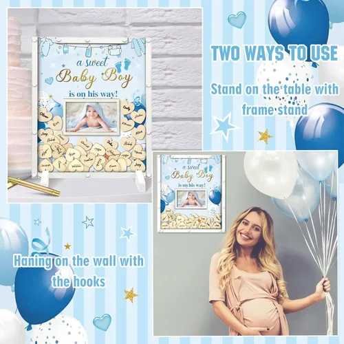 Vista 2 de Beeveer 65 piezas de libro de invitados para baby shower, libro de invitados azul para baby shower, libro de invitados con marco de fotos y 60 chips