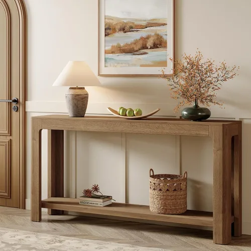 Vista 11 de Tribesigns - Mesa de consola de entrada de 63 pulgadas, mesa de sofá de 2 niveles estilo granja estrecha detrás del sofá, mueble de consola