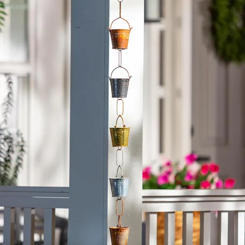 Vista 4 de Evergreen - Cubetas de hierro de 8 pies de cadena de lluvia de metal, desviador de canalón, atrapador de lluvia decorativo para jardín, exterior