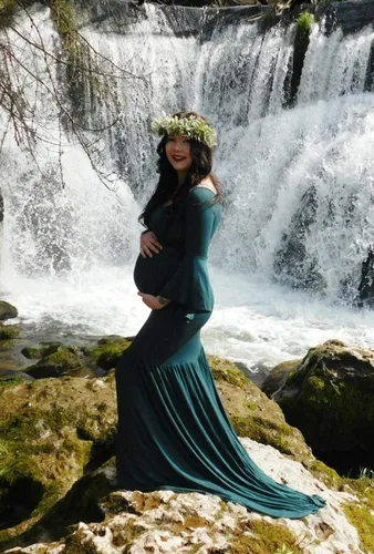 Vista 5 de ZIUMUDY Vestido de maternidad retro con hombros descubiertos y mangas acampanadas, vestido maxi de fotografía para baby shower