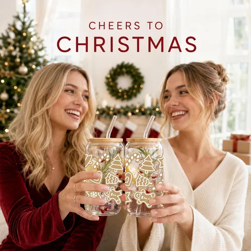 Vista 6 de JEKUGOT Vasos de Navidad para mujeres, vasos de vidrio de 16 onzas con tapa Estilo A