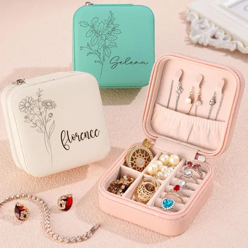 Vista 4 de Joyero personalizado personalizado de viaje, joyero de cuero, pequeño regalo personalizado para mujeres y niñas, nombre y mes de la flor