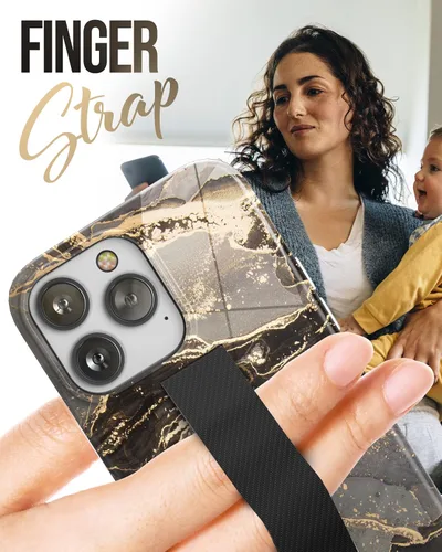 Vista 3 de ENCASED Funda para iPhone 14 PRO con correa de mano y protector de pantalla (anillo de mármol dorado)