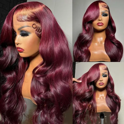 Vista 2 de Pelucas de encaje frontal 99j burdeo onduladas con cabello humano pre-arrancadas 13x6 para mujeres negras, onda corporal, sin pegamento, nudos 99j