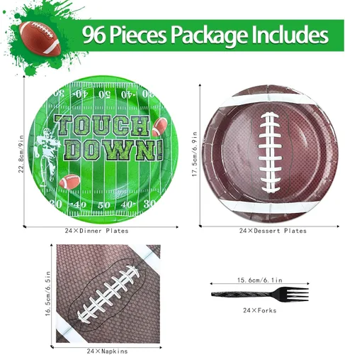 Vista 2 de Juego de 96 platos y servilletas de fútbol para fiestas de fútbol, incluye platos de papel, tenedor de servilletas para niños, decoraciones