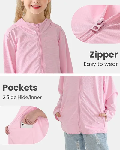 Vista 4 de Auranso Kids Zip-Up Hoodie Girls Boys UPF50+ Sun Protection Jacket Hooded Cooling Shirt
