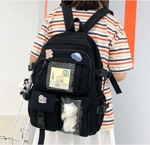 Vista 6 de Linda mochila con bonito oso de peluche y bonitos accesorios de alfiler estético de gran capacidad bonita bolsa de libros para niñas y adolescentes