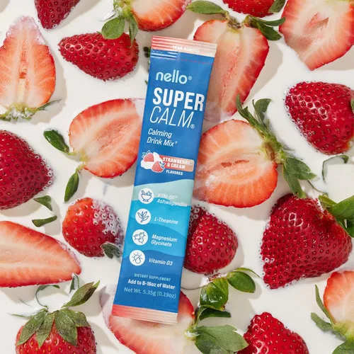 Vista 2 de Nello Supercalm - Mezcla de bebida – Fresas, crema y crema de naranja Ashwagandha KSM 66, suplemento de glicinato de magnesio y L-teanina – Apoyo