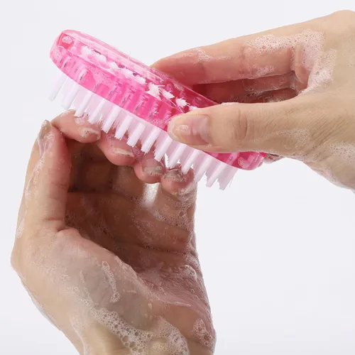 Vista 2 de Cepillos de limpieza de uñas de plástico para uñas de 2 caras, cepillo antideslizante para uñas, paquete de 4 (rosa y morado)