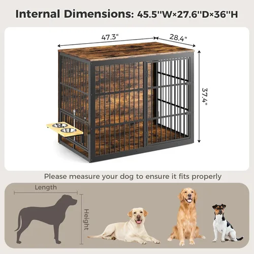 Vista 7 de Lyromix Mueble de jaula para perros XXL de 48 pulgadas con alimentador giratorio, mesa auxiliar de madera grande, jaula de interior resistente