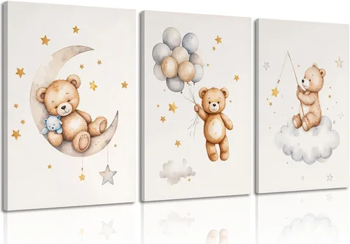 Vista 8 de 3 piezas de arte de pared con marco de oso de peluche para guardería, lienzo con oso durmiendo en la luna y estrellas, decoración de pared, imágenes