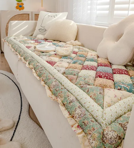 Vista 5 de Funda de sofá de retazos a cuadros estilo bohemio, con estampado floral, protector de muebles con volantes, acolchado de algodón, antideslizante