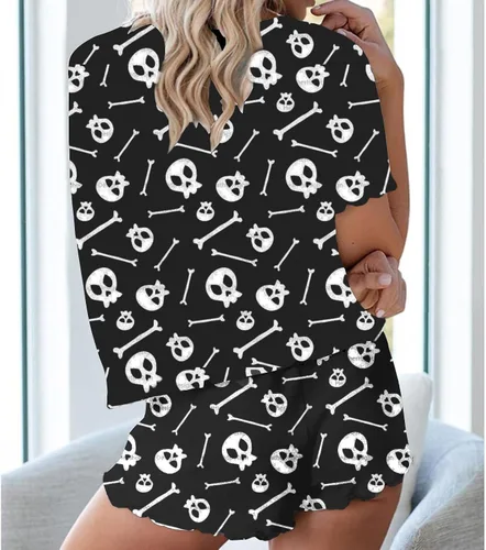 Vista 2 de Pijamas de Halloween para mujer, camisetas de manga larga con volantes y pantalones cortos, pijamas de calabaza para Halloween
