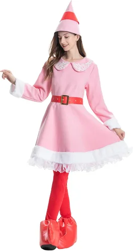 Vista 2 de Disfraz de elfo para mujer, vestido Jovie, 5 piezas, traje de Navidad para adultos, lindo traje de Papá Noel rosa, para parejas, vacaciones, fiesta