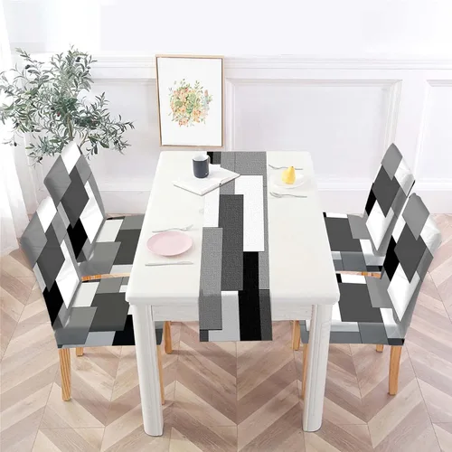 Vista 12 de MCALK Juego de 4 fundas para sillas de color gris abstracto y camino de mesa, fundas elásticas para sillas grises para cocina, protector de silla
