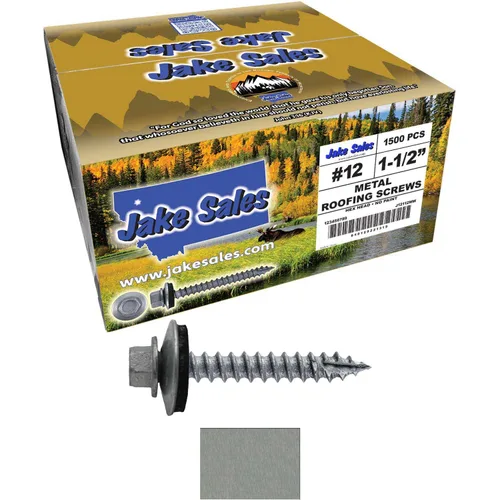 Vista 174 de 12 tornillos para techos de metal gris ABC de 1-1/2 pulgadas, cabezal de arandela hexagonal, arranque automático/roscado, arandela EPDM. 1 bolsa
