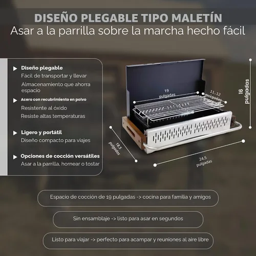 Vista 3 de GasOne XL Parrilla de Carbón Portátil – Parrilla de Barbacoa Plegable de 24.5 x 18.5 pulgadas tipo Maletín con Tapa – Ahumador de Carbón Ligero