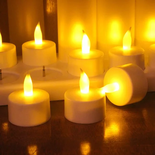 Vista 5 de Esup Velas recargables sin llama, parpadeantes, 12 unidades, con base blanca, decoración de fiestas, bodas, bar, familia, cena al aire libre picnic