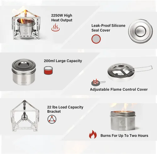 Vista 6 de Alocs Estufa de alcohol de 2250 W, estufa de camping con cubierta sellada, estufa individual de acero inoxidable con soporte plegable