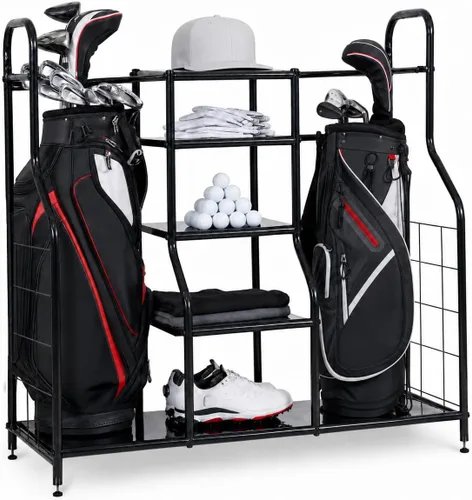 Vista 5 de Morvat Organizador de golf, soporte doble de metal negro extra grande, manera perfecta de almacenar y organizar tus bolsas de golf, clubes, pelotas