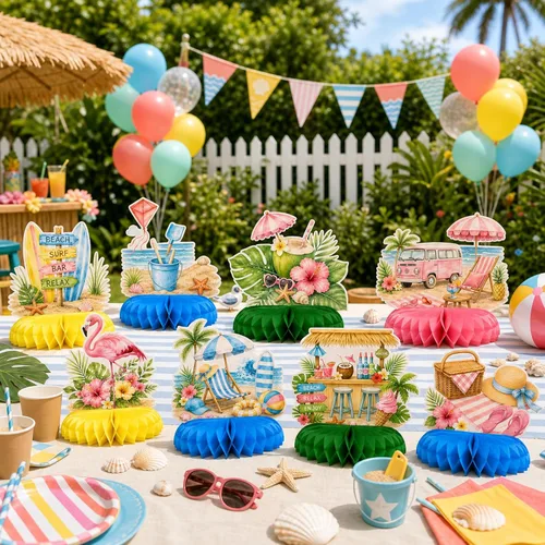 Vista 8 de Decoraciones de fiesta en la playa, centros de mesa de panal para cumpleaños de verano 12 manteles de playa con tablas de surf, palmeras