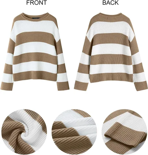 Vista 6 de ZESICA Suéter tejido sin botones de manga larga y cuello redondo, a rayas, bloques de color, cómodo, holgado, talla extragrande para mujer de 2024