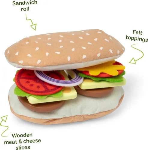 Vista 6 de Melissa & Doug Slice-Stack-Serve, mostrador de sándwiches de madera, tienda de juego de simulación con comida de juguete, dinero de juguete