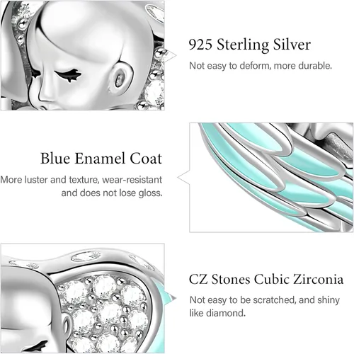 Vista 6 de GNOCE - Abalorio para bebé, plata de ley 925, con alas de ángel, con forma de czs, apto para pulseras, collares, regalos para madres y amigos