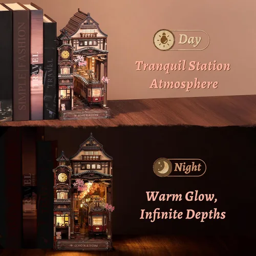 Vista 7 de FUNPOLA Kit de rincón de lectura del tren Sakura – Rompecabezas de madera 3D con LED y espejo infinito – Decoración de estantería DIY, manualidad