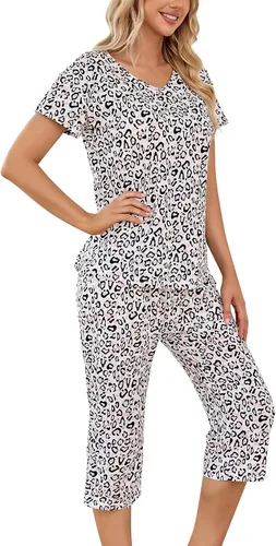 Vista 9 de ENJOYNIGHT Conjuntos de pijama de algodón para mujer, pijamas de verano con pantalones capri, ropa de dormir Gato negro