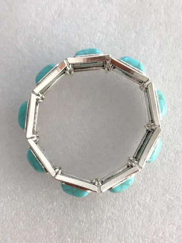 Vista 3 de Pulsera elástica con diseño navajo suroeste occidental vintage de mediados de siglo, resina y turquesa, Metal Gema, No es una piedra preciosa