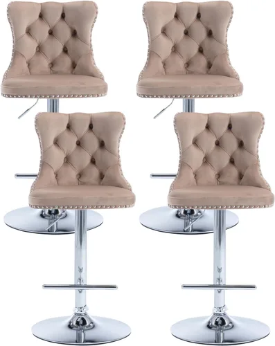 Vista 28 de Juego de 2 taburetes de bar beige, taburetes de bar tapizados ajustables con respaldo y reposapiés dorado, modernos taburetes de bar giratorios