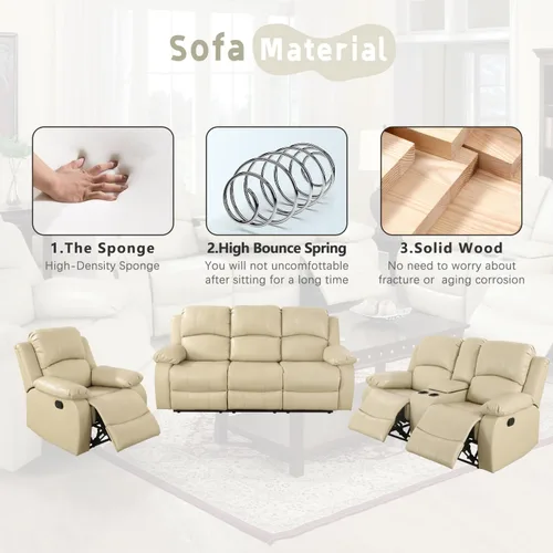 Vista 4 de Juego de muebles de sala de estar, juego de sofá reclinable de cuero, sofá reclinable y sofá biplaza, juego de sofá de cuero beige, juego de muebles