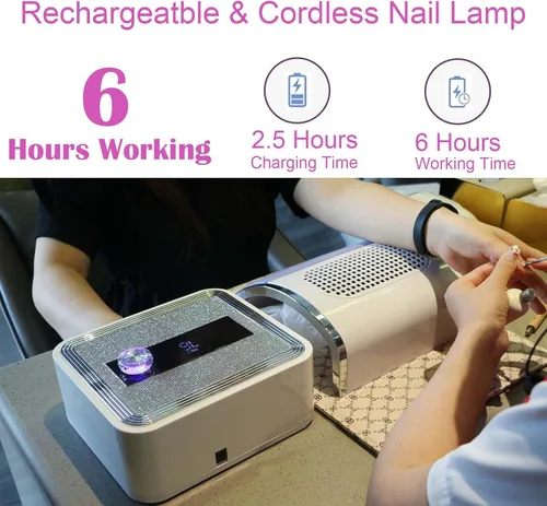 Vista 4 de Lámpara de uñas LED UV, inalámbrica, 120 W, recargable, luz UV para uñas de gel, luz portátil con temporizador, lámpara de curado de diamantes