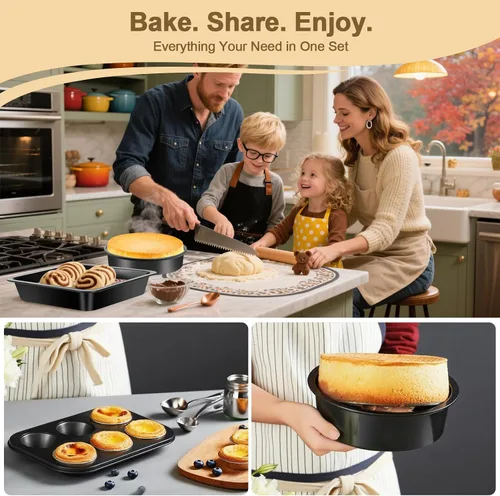 Vista 7 de Juego de utensilios para horno tostador de 5 piezas, sartenes compactas antiadherentes para horno pequeño, RV y cámper, incluye muffin, pan, pizza