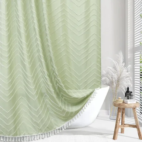 Vista 53 de Cortina de ducha Siiluminisoy de 36x72 beige, cortina de ducha de tela de tamaño pequeño, cortinas de ducha de tela con tufting, diseño chevron a