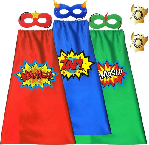 Vista 4 de ADJOY Capas y máscaras de superhéroe para niños con calcomanías decorativas, disfraz de superhéroe para fiesta de cumpleaños, capas rojas, verdes