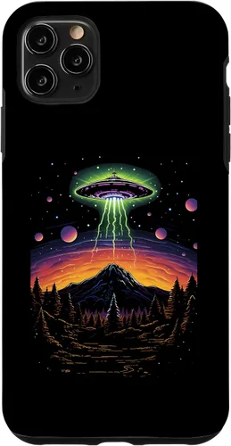 Vista 11 de iPhone 14 colorido OVNI Bright Mountain Lake Camping Alien Visitors Case