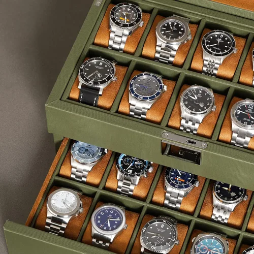 Vista 3 de ROTHWELL Caja de relojes de cuero de 20 ranuras - Estuche de exhibición organizador de joyas de lujo, - Estuche de exhibición con cerradura con tapa