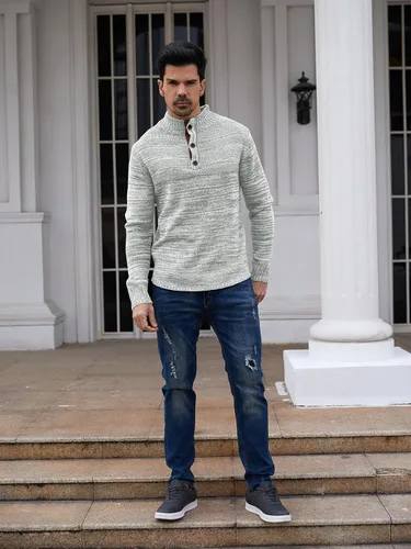 Vista 5 de Aoysky Men's Stand Collar Sweater Thermal Button Pullover Sweater Tops Henley Knit Sweaters
