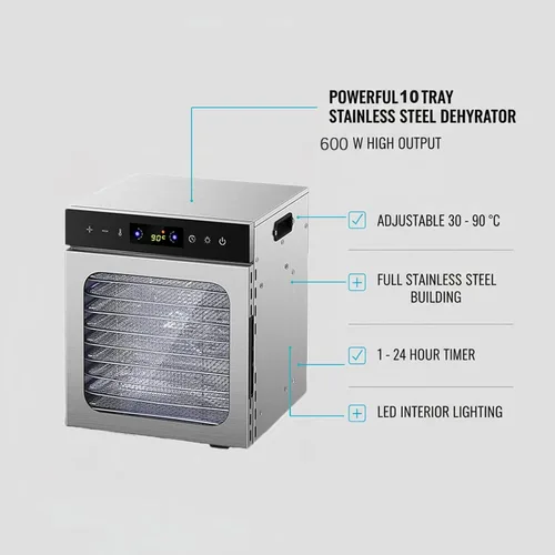 Vista 5 de Food Dehydrator Machine, 400/800W Commercial Stainless Steel Dehydrator, 6–18 Trays, Adjustable Temp 86–194°F, 24H Timer, Digital Control Panel for