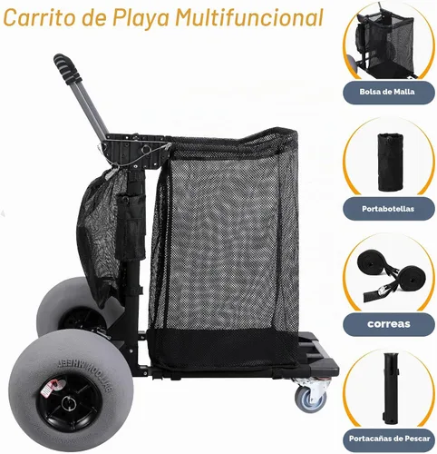 Vista 3 de Carrito de playa plegable para pesca con ruedas de globo de 12 pulgadas para arena todo terreno Negro